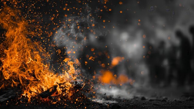 Vibrant burning bonfire with orange flames and flying sparks against a dark desaturated crowd background at night