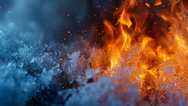 Abstract Contrast of Intense Fire Flames and Blue Frozen Ice Crystals