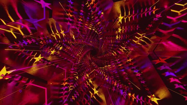 Seamless loop of a star-shaped tunnel. Abstract digital vortex with rhythmic motion and glowing geometric elements, creating a deep perspective background for stage screens and event displays.