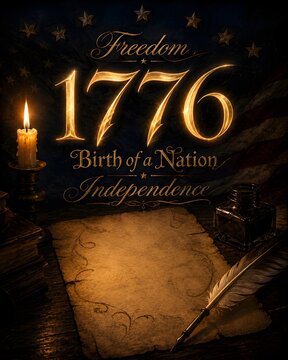 Vintage 1776 Independence Day celebration, patriotic birth of a nation typography, glowing golden freedom text on dark historical background
