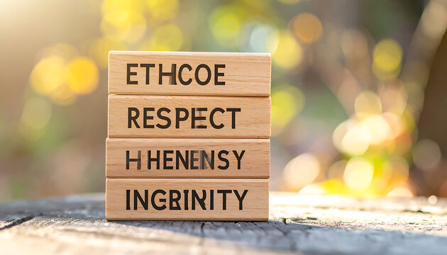Wooden blocks with blurry text stacking, ethical values and professional conduct, corporate culture, business ethics, integrity, respectful workplace environment, moral principles