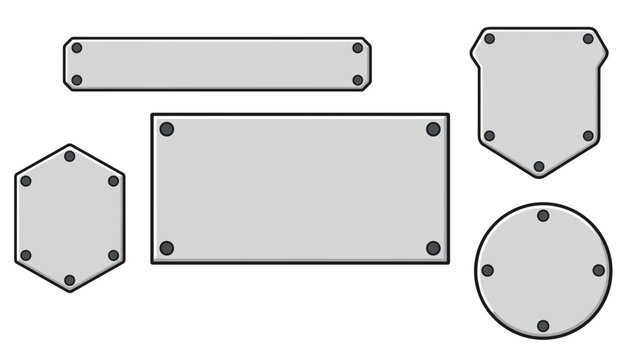 Metallic rivet plates of various shapes like circles, rectangles, and shields feature realistic corner bolts.