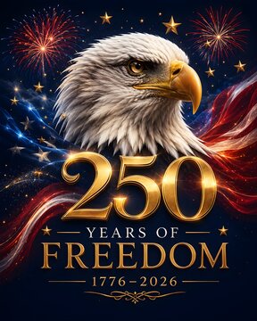Patriotic American bald eagle with 250 years of freedom text, United States semiquincentennial celebration, 1776-2026 anniversary with fireworks