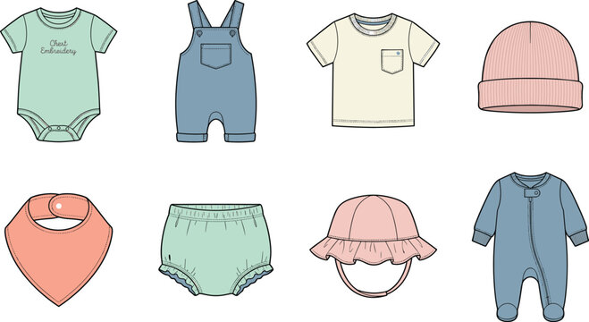 Baby clothing and toddler apparel collection technical fashion flat sketch vector illustration template set