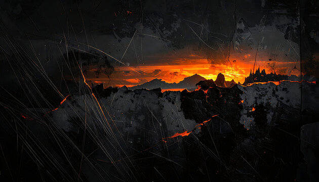 Abstract dark textured overlay with glowing fiery horizon sunset effect