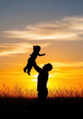 Fototapeta premium Silhouette of a Father Lifting His Child High Against a Beautiful Golden Sunset in a Field
