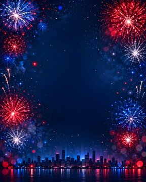 Patriotic fireworks over city skyline, red white and blue pyrotechnics frame, festive fourth of july celebration background with copy space
