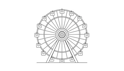 Naklejka premium Line art illustration of a detailed amusement park Ferris wheel with many cabins on a white background.