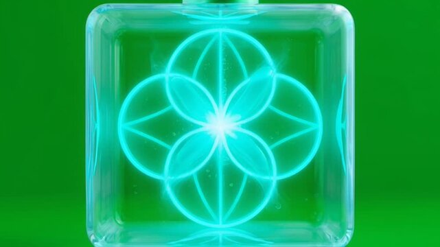 Glowing sacred geometry symbol inside transparent cube on green background.