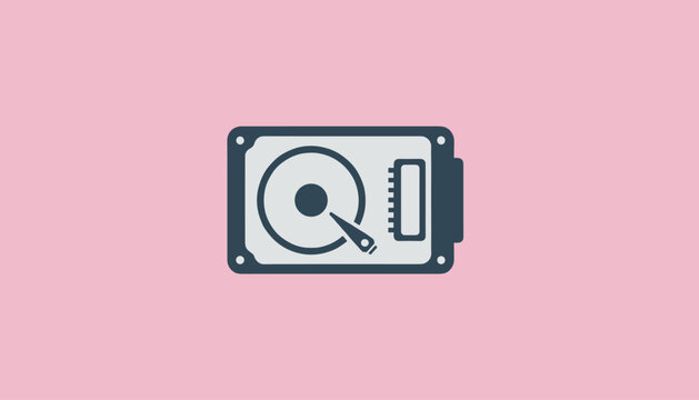 Flat vector icon of a computer hard disk drive representing data storage and digital database on pink background.