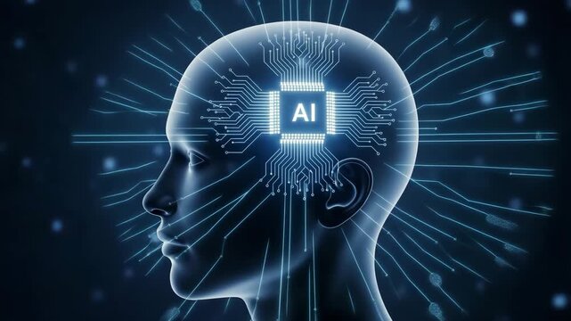 Artificial Intelligence Brain A stylized human head profile showcasing a glowing microchip with AI inscription at its core