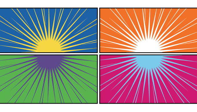 Four quadrant pop art style background grid with colorful sections and dramatic radiating sunburst rays.