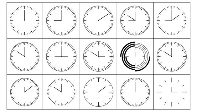 Collection of fifteen minimalist clock face designs showing different times, arranged in a grid with one digital concept.
