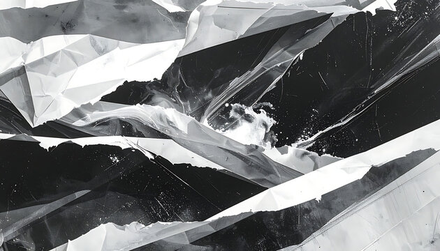 Abstract monochrome geometric texture with sharp crystalline shards, triangular patterns, dark atmospheric backdrop, sharp jagged edges
