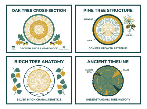 Set of educational posters showing tree crosssections and anatomy
