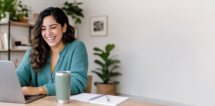 Generative AI, Laughing woman enjoying laptop work at desk