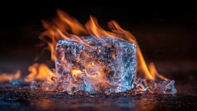 Burning ice cube with intense orange flames on dark background representing contrast and contradiction