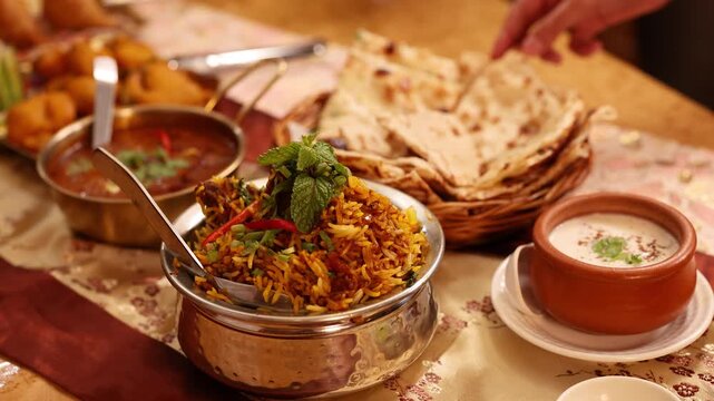 Traditional Indian Chicken Biryani Feast with Naan Bread and Raita