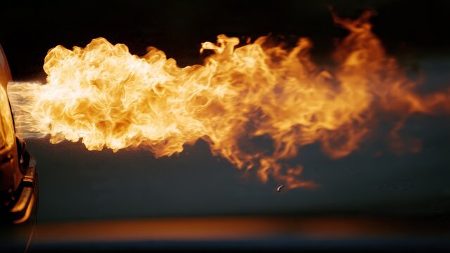 Powerful car exhaust shooting large orange flames against dark night background