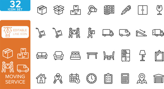 Moving Service line editable Icons set. Vector illustration. Contain icons relaed to Moving house services, packing, loaders, office moving, freight transportation, and more. on transparent background