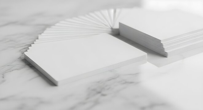 Stacks of blank white business cards fanned out and piled on a light marble surface, ready for customization or printing.