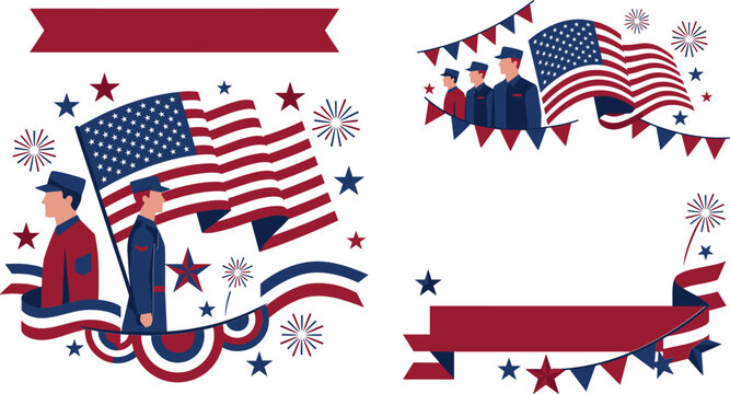 USA patriotic veterans day american flag military soldiers vector set, memorial day banner bundleUSA patriotic veterans day american flag military soldiers vector set, memorial day banner bundle