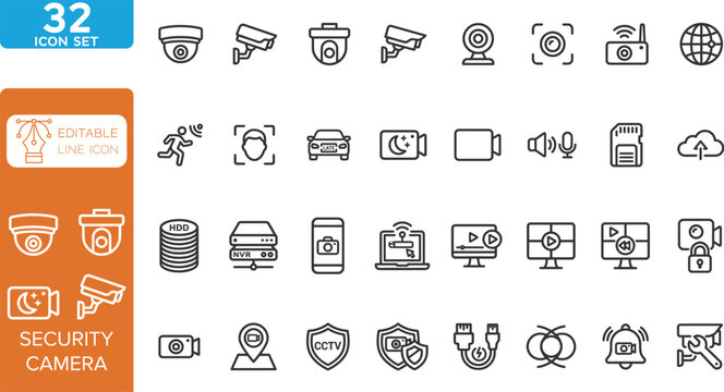 Security camera line editable Icons set. Vector illustration. CCTV icon set. Contain icons related to cctv, surveillance, security camera, and more. on transparent background.