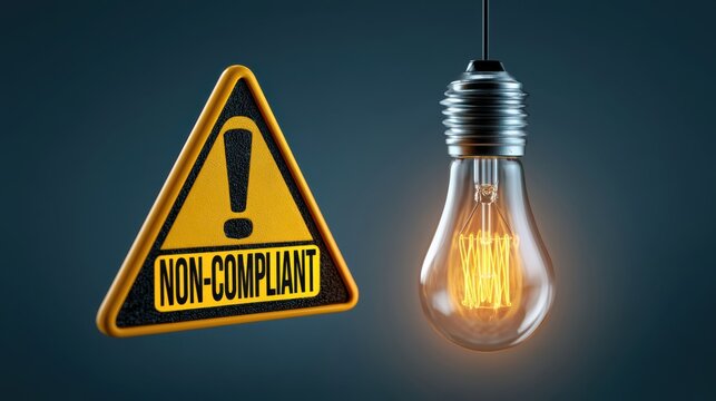 A glowing light bulb hangs next to a yellow triangular warning sign with an exclamation mark and the text "NON-COMPLIANT" on a dark background.