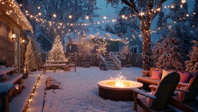 Cozy winter backyard at night featuring fire pit, string lights, and snow-covered trees.