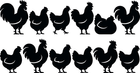 Chicken and Rooster Black Silhouette Icon Set with Hens Poultry Birds and Farm Animals for Organic Agriculture Butchery and Livestock Farming Food Branding Designs © MdRaisul