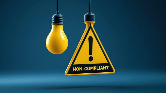 A yellow light bulb and a triangular warning sign with an exclamation mark and "NON-COMPLIANT" text on a dark blue background.