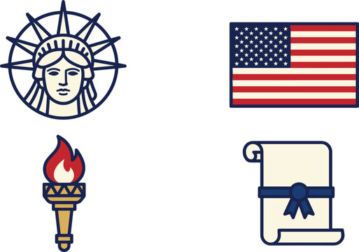 American patriotic symbols vector icon set with statue liberty, american flag, torch and constitution scroll