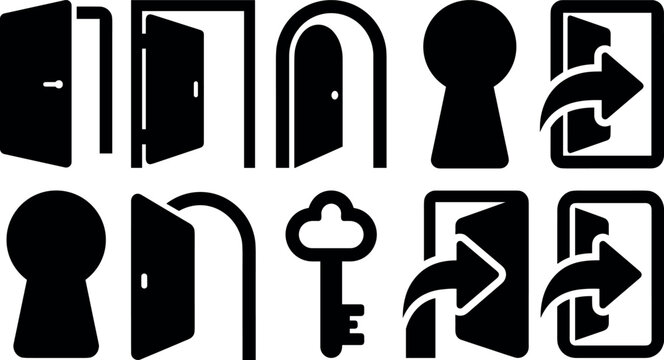 Open Door and Keyhole Black Silhouette Icon Set with Keys and Exit Arrows for Real Estate Login Access Security and Interface Navigation Graphic Designs