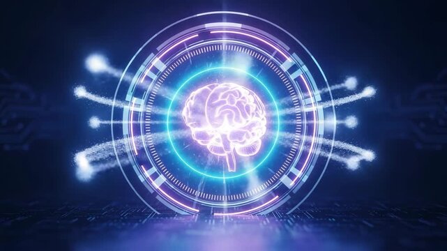 AI Brain Neural Network Technology A glowing neon stylized human brain illustration at the center of a futuristic circular interface symbolizing artificial intelligence digital mind
