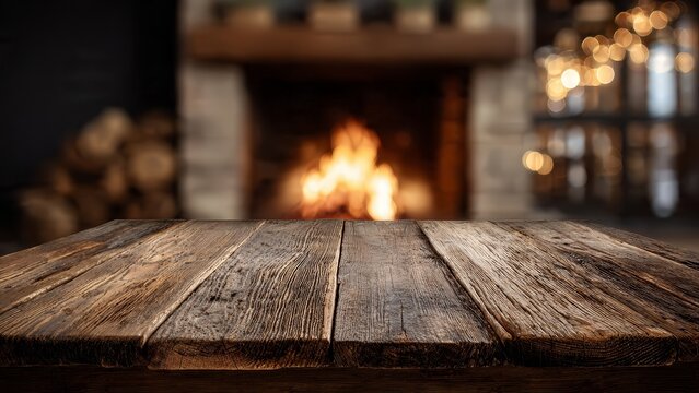 Rustic wooden tabletop with blurred fireplace and warm lights in cozy room interior
