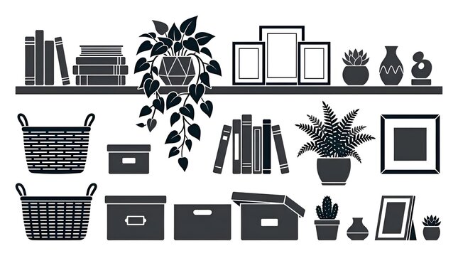 Flat vector shelf decoration elements collection. Interior decor items icon set with plants, books, picture frames, baskets, and storage boxes isolated on white background.