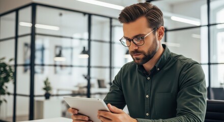 Fototapeta premium Focused Young Businessman Using Digital Tablet in Modern Office Environment - Professional Corporate Portrait