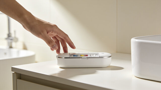 Person taking daily medication from a white pill organizer in a bathroom