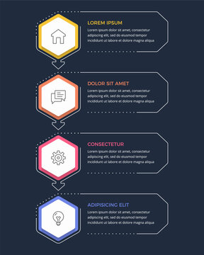 Modern infographic template featuring vertical four step process design with hexagonal elements and text placeholders, dark background