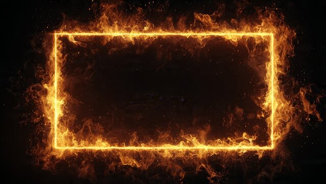 Glowing fire rectangle frame on black background with smoke and sparks