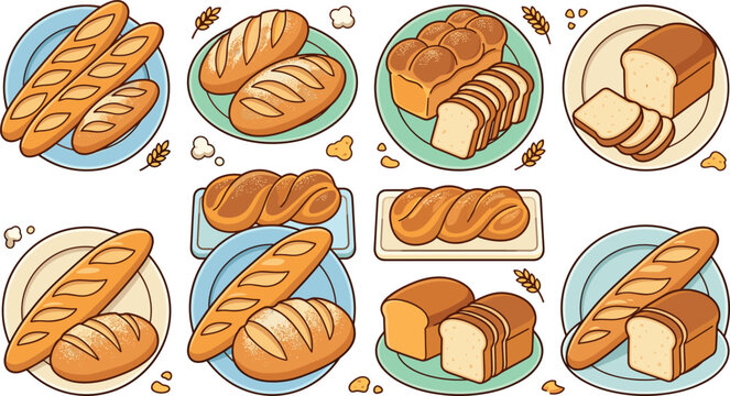 Fresh Bakery Bread Vector Icon Set with Baguettes Sliced Loaves Brioche Challah and Wheat Ears for Bakery Menu and Cafe Branding Graphic Designs