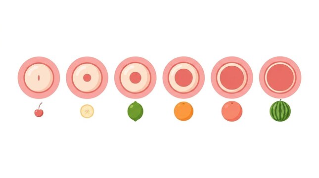 Illustration shows different stages of cervical dilation during childbirth using simple shapes and colors. Each stage indicates progress in labor.