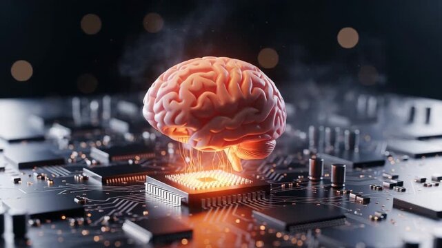 Artificial Intelligence Concept A glowing detailed brain rendered in 3D hovers above a complex microchip symbolizing the fusion of human intellect and advanced technology