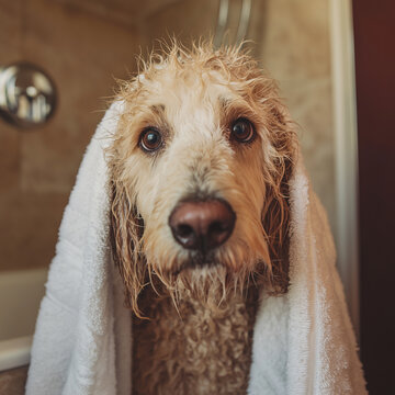 dog in a bathroom