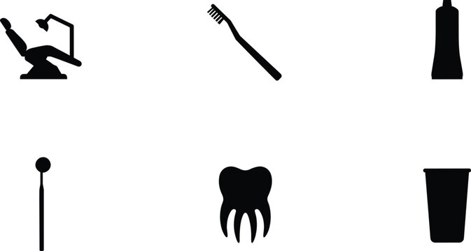 Silhouette icons of dental chair toothbrush toothpaste mirror tooth and cup isolated on white background