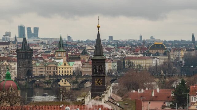 Prague Czechia Czech Republic time lapse high angle view city skyline at Vltava River with many bridge