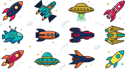 Cartoon Spaceship and Rocket Icon Set with UFO Flying Saucers Futuristic Fighter Jets and Stars for Kids Astronomy Sci Fi Graphic Designs © MdRaisul