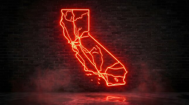 Bright red neon light shaped like the map of california glowing against a dark textured brick wall at night time