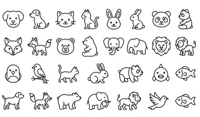 Fototapeta premium Cute Animal Outline Icon Set Simple Line Vector Pets Wildlife Black Isolated Collection