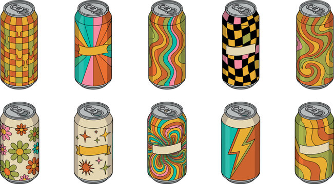 Isometric Aluminum Soda Can Mockup Set with Retro Groovy Psychedelic Patterns Flowers and Checkerboard Labels for Beverage Product Packaging Graphic Designs